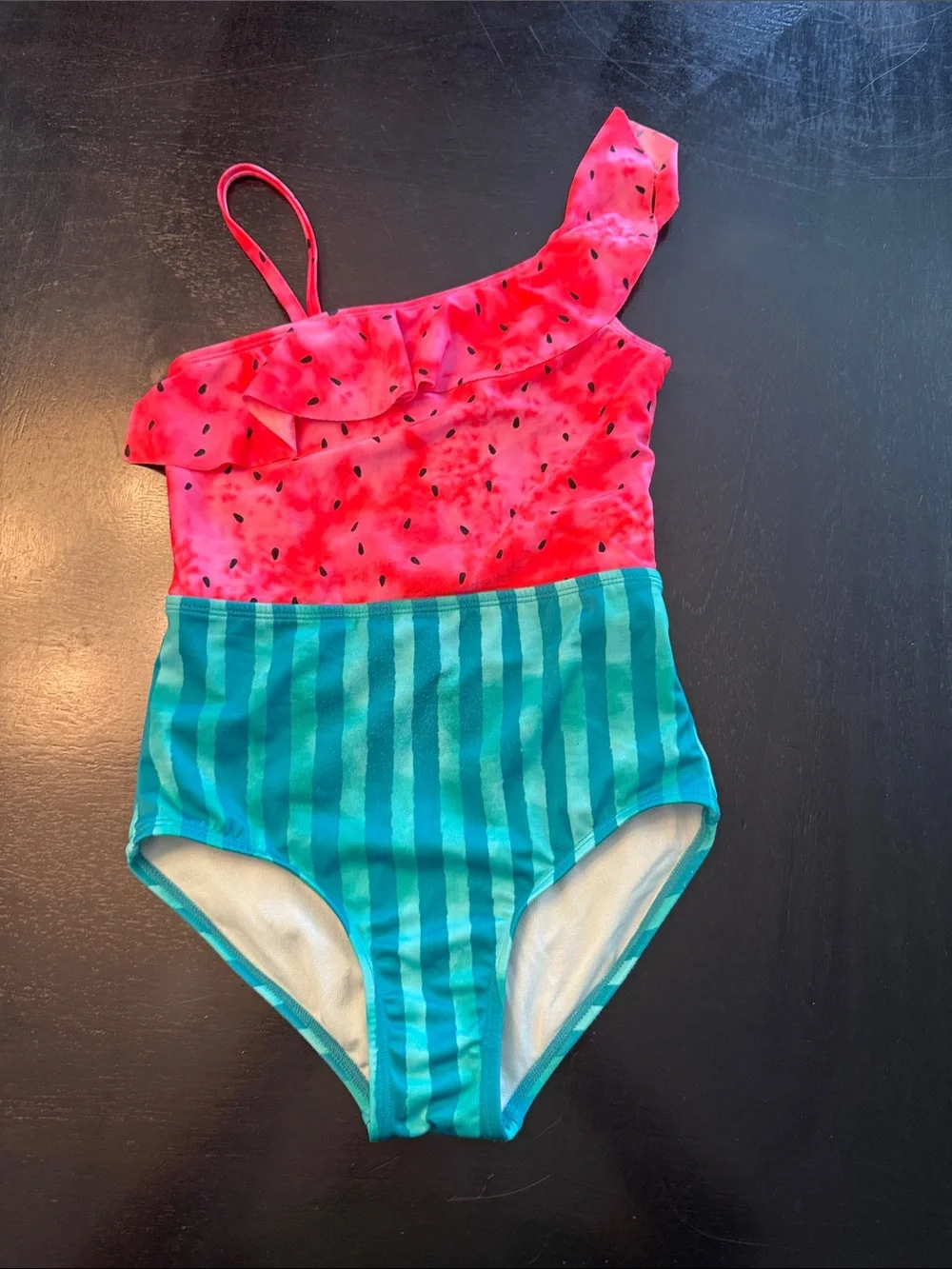 Girls Watermelon One-Shoulder Ruffle Swimsuit in Pink and Teal